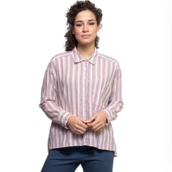 Xirena Jordy Button Down Top Shirt Womens Small Pink Blue Stripe Long Sleeve - Picture 11 of 11